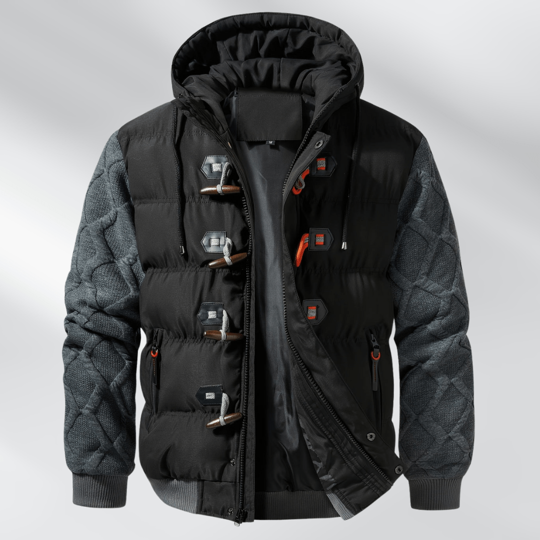 Premium Puffer Jacket with Corduroy Sleeves and Toggle Closures