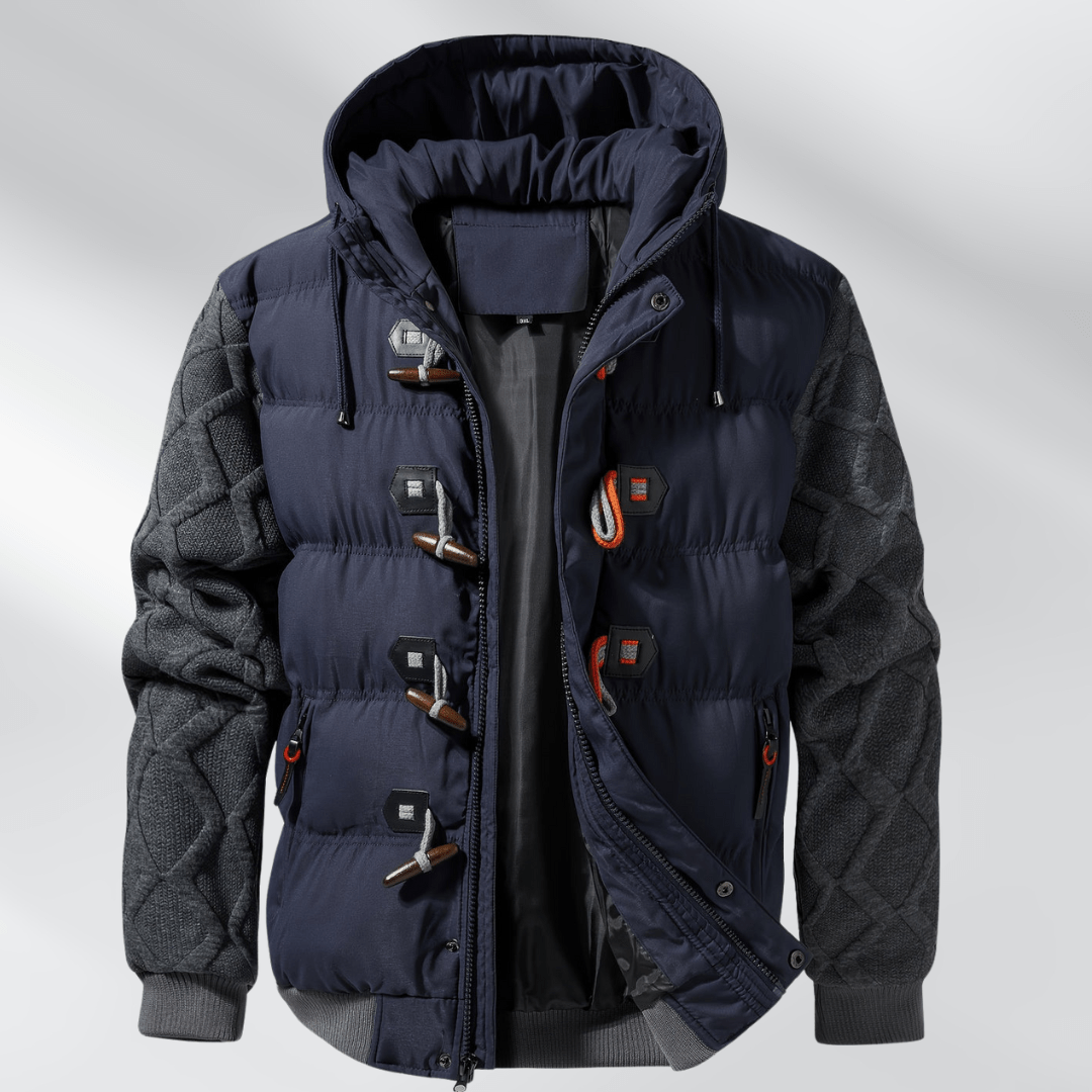 Premium Puffer Jacket with Corduroy Sleeves and Toggle Closures